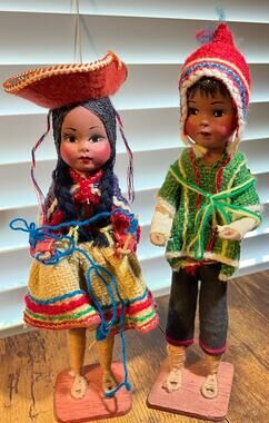 Pair of Peruvian Dolls Boy Girl Handmade Souvenirs Handwoven Fabric 9" Tall